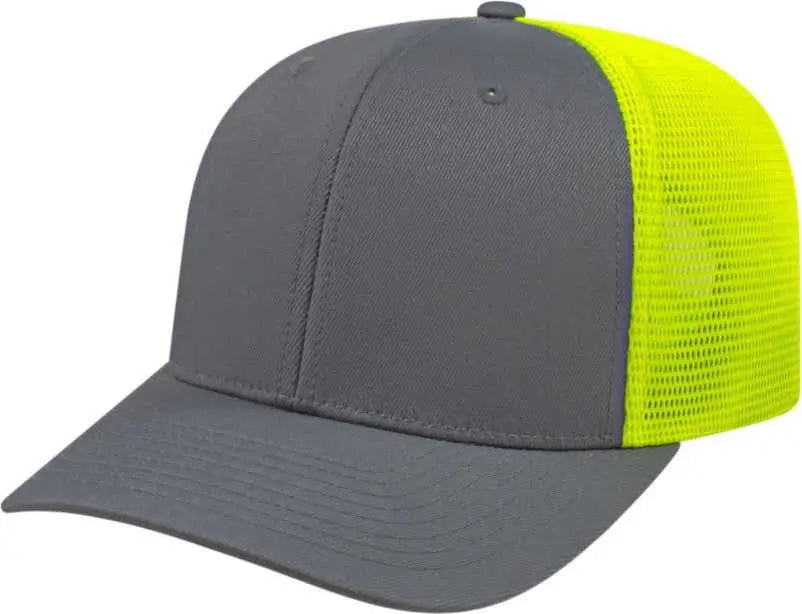Cap America I8502 Flexfit 110 Trucker Mesh Back - Graphite Neon Yellow - Dark Gray / one Size Fits Most
