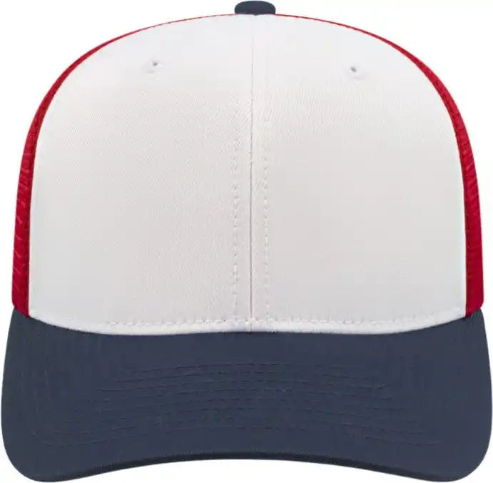 Cap America I8502 Flexfit 110 Trucker Mesh Back - White Navy Red - one Size Fits Most