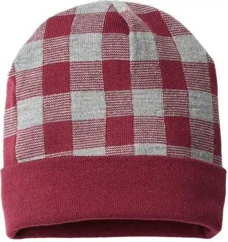 Cap America Rkp12 Usa Made Plaid Knit with Cuff Beanie - Heather Maroon - one Size Fits Most