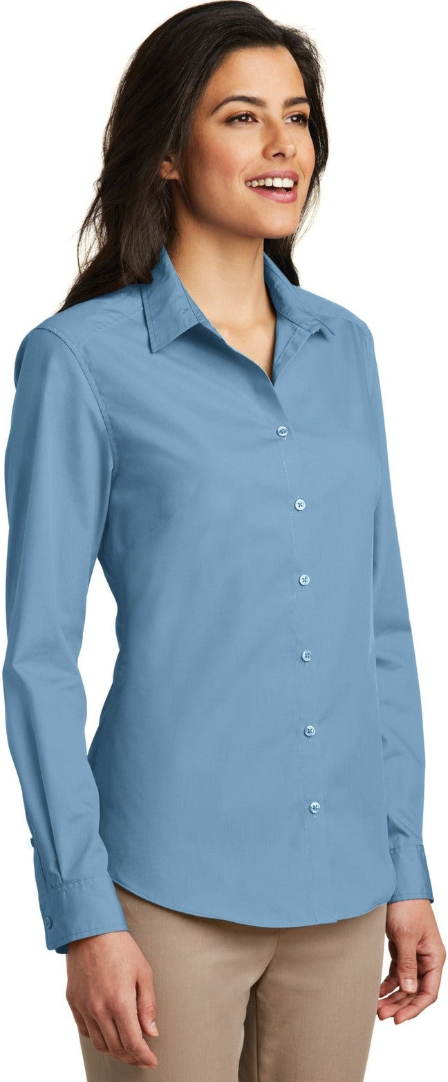 Carolina Blue Port Authority Women's Long Sleeve Carefree Poplin Shirt. LW100