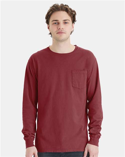 Front View of Cayenne Garment-Dyed Long Sleeve T-Shirt With a Pocket - GDH250
