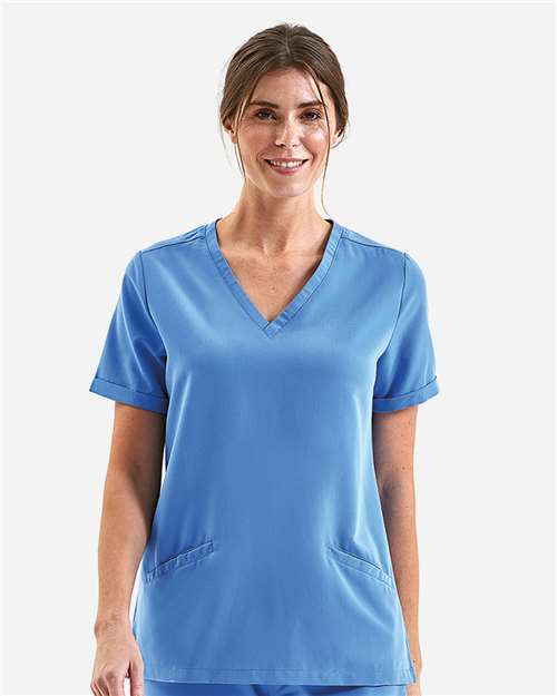 Rear View of Ceil Blue Women's Invincible V-Neck Stretch Scrub Top - NN310