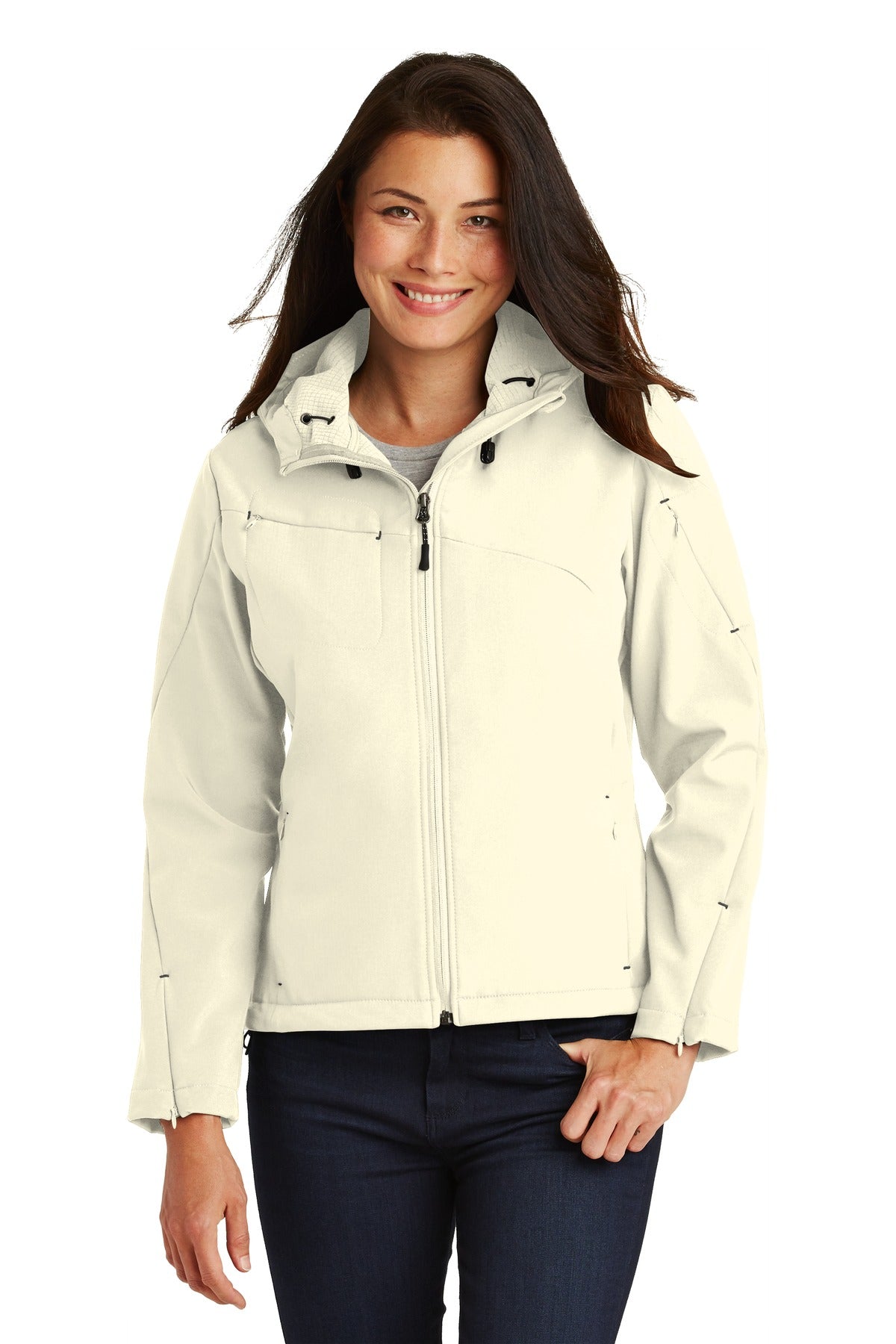 Chalk White Port Authority Women's Textured Hooded Soft Shell Jacket. L706