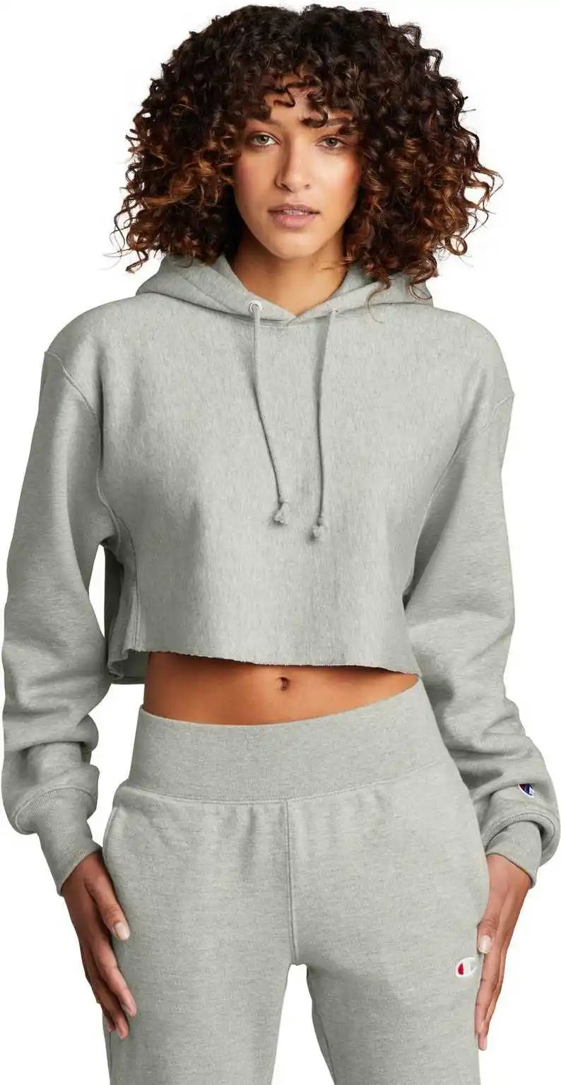 Champion Rw01w Women’s Reverse Weave Cropped Cut off Hooded Sweatshirt Oxford Gray