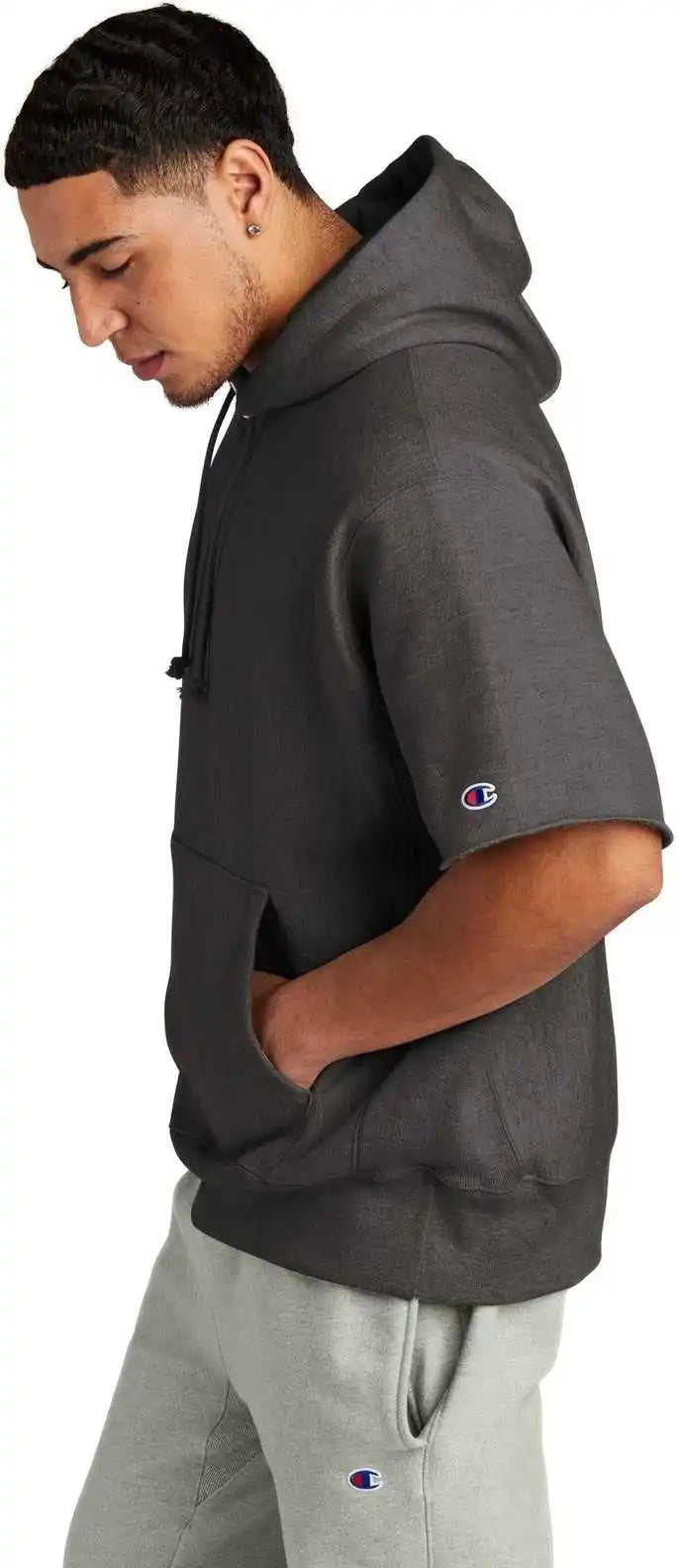 Champion S101ss Reverse Weave Short Sleeve Hooded Sweatshirt Charcoal Heather