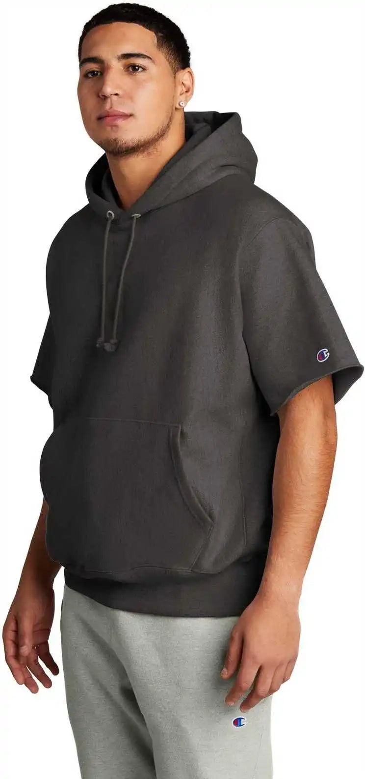 Champion S101ss Reverse Weave Short Sleeve Hooded Sweatshirt Charcoal Heather