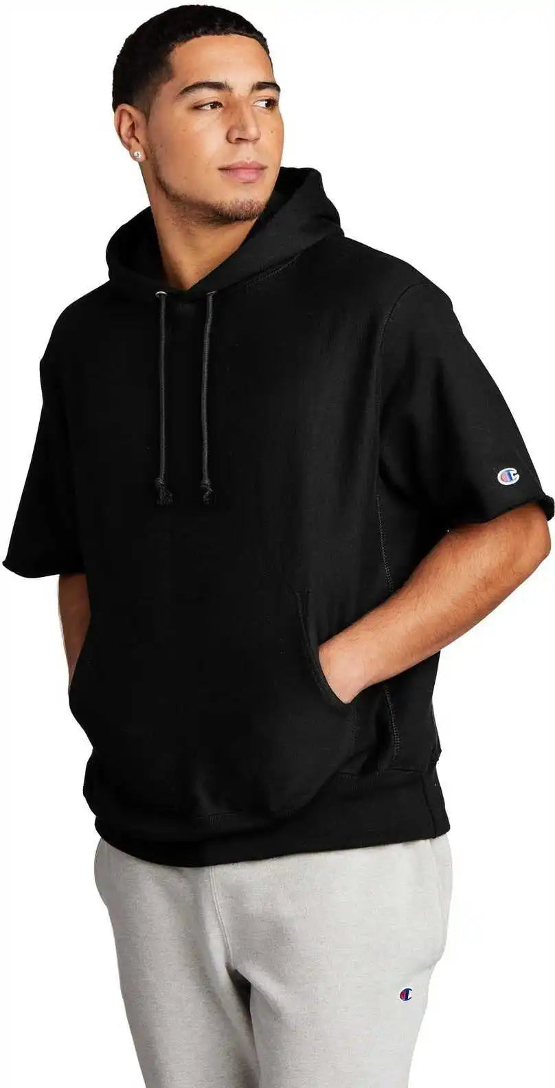 Champion S101ss Reverse Weave Short Sleeve Hooded Sweatshirt Black
