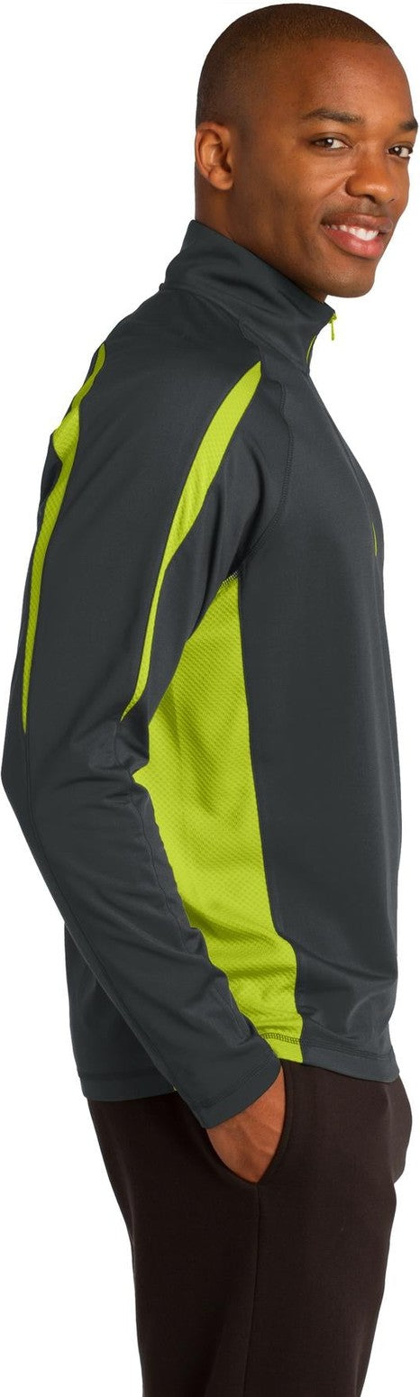 Char Gry/Green Sport-Tek Sport-Wick Stretch 1/4-Zip Colorblock Pullover. ST851