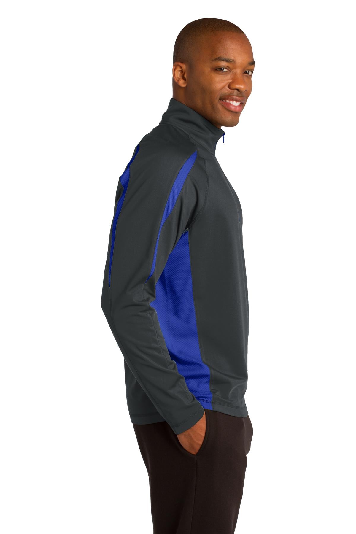 Char Gry/TrRyl Sport-Tek Sport-Wick Stretch 1/4-Zip Colorblock Pullover. ST851