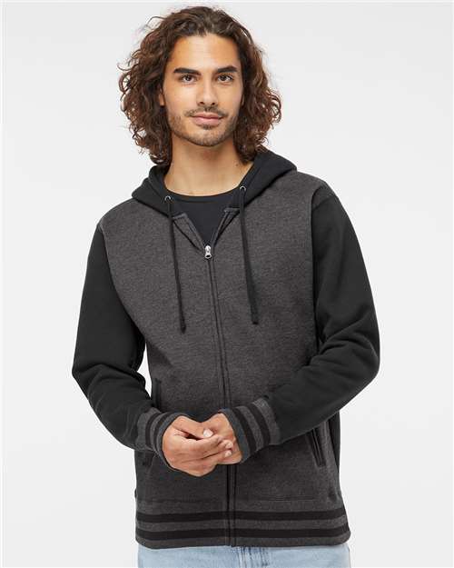 Charcoal Heather/ Black Heavyweight Varsity Full-Zip Hooded Sweatshirt - IND45UVZ