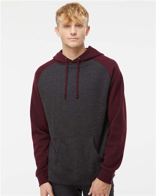 Charcoal Heather/ Burgundy Heather Raglan Hooded Sweatshirt - IND40RP