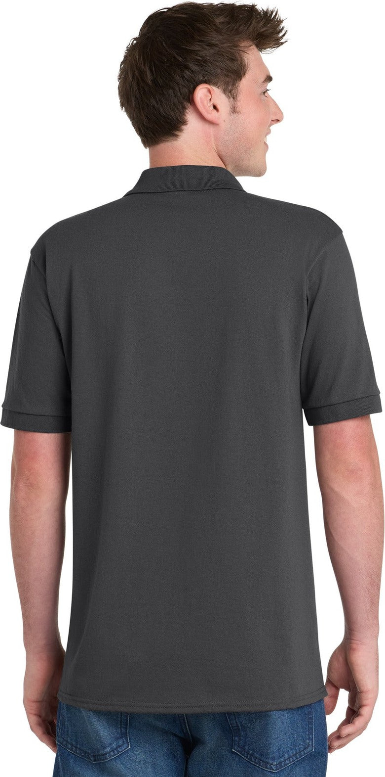 Charcoal Port & Co Core Blend Jersey Knit Pocket Polo. KP55P