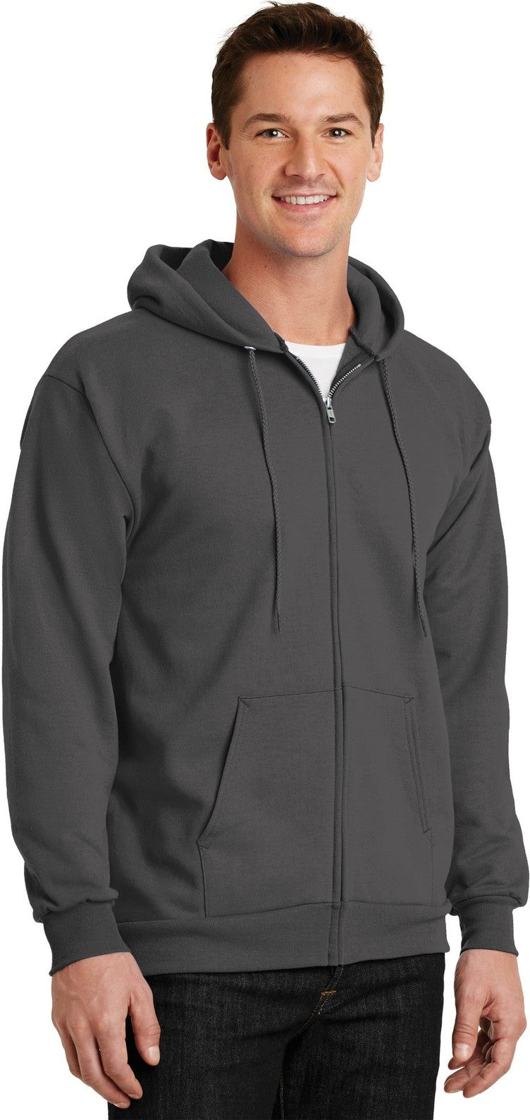 Charcoal Port & Co Essential Fleece Full-Zip Hooded Sweatshirt. PC90ZH