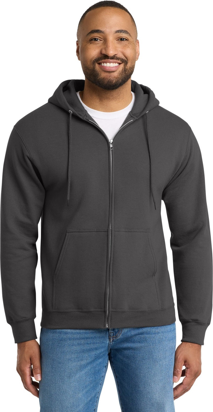 Charcoal Port & Co Tall Essential Fleece Full-Zip Hooded Sweatshirt. PC90ZHT