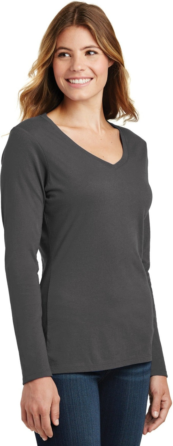 Charcoal Port & Co Women's Long Sleeve Fan Favorite V-Neck Tee. LPC450VLS