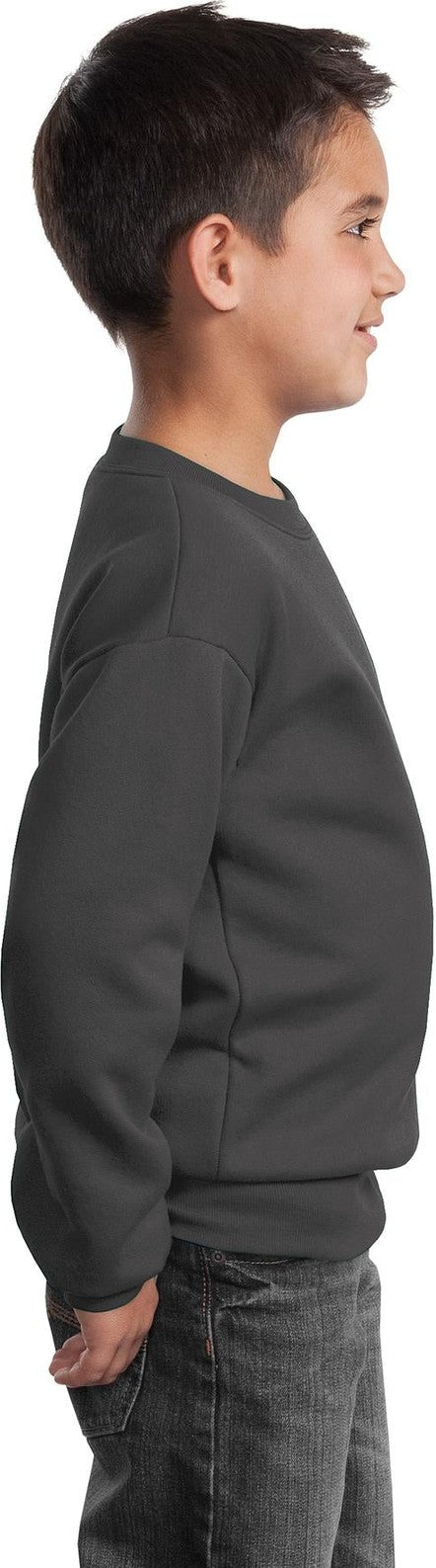 Charcoal Port & Co Youth Core Fleece Crewneck Sweatshirt. PC90Y