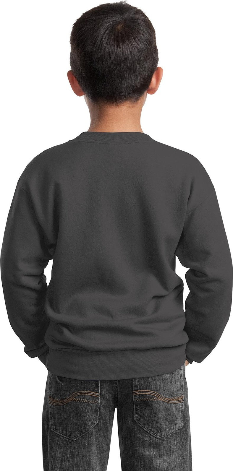Charcoal Port & Co Youth Core Fleece Crewneck Sweatshirt. PC90Y