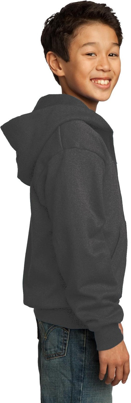 Charcoal Port & Co Youth Core Fleece Full-Zip Hooded Sweatshirt. PC90YZH