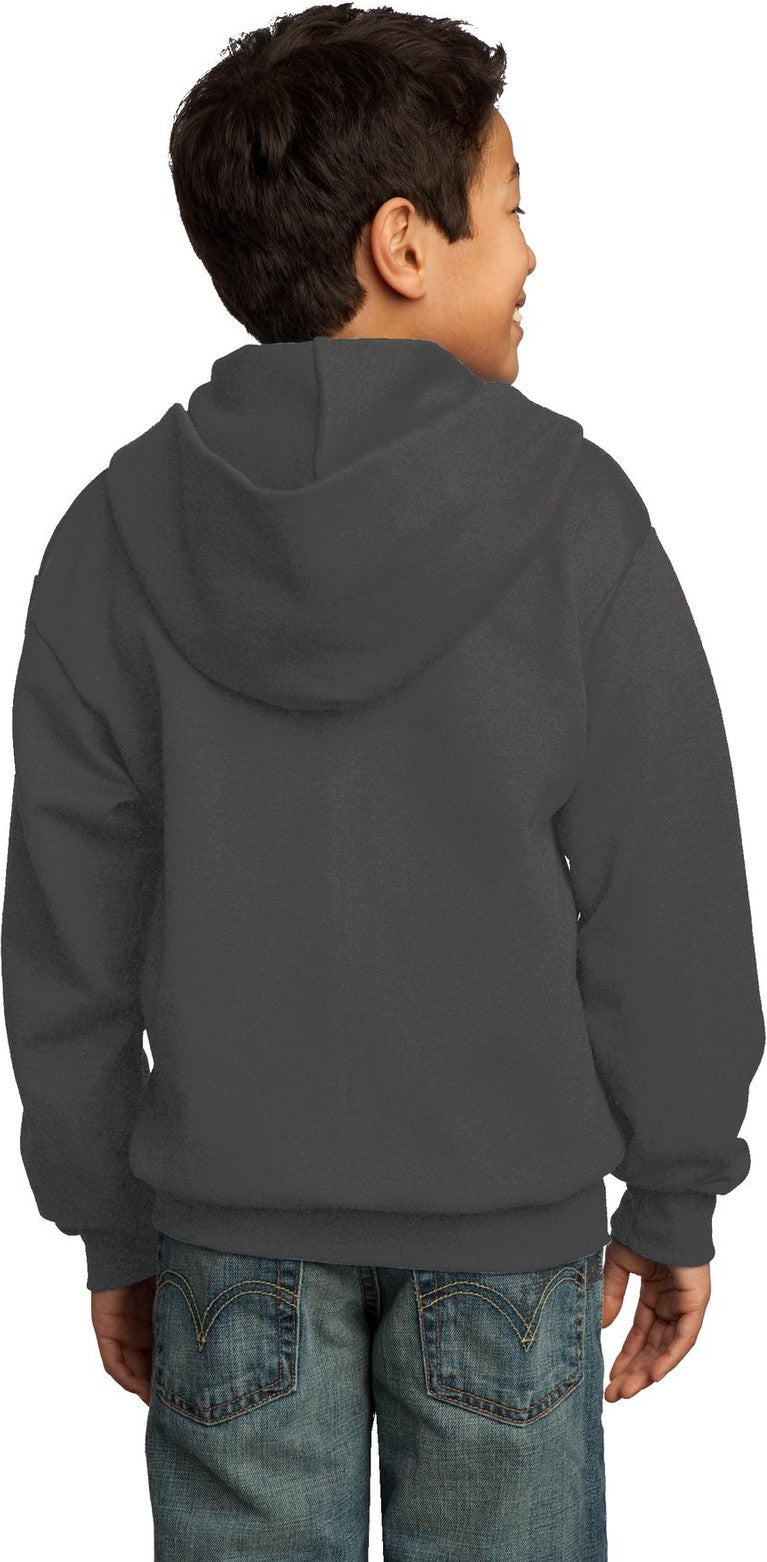 Charcoal Port & Co Youth Core Fleece Full-Zip Hooded Sweatshirt. PC90YZH
