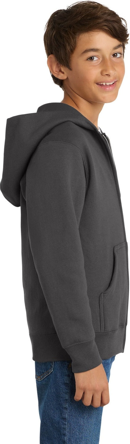 Charcoal Port & Co Youth Core Fleece Full-Zip Hooded Sweatshirt. PC90YZH