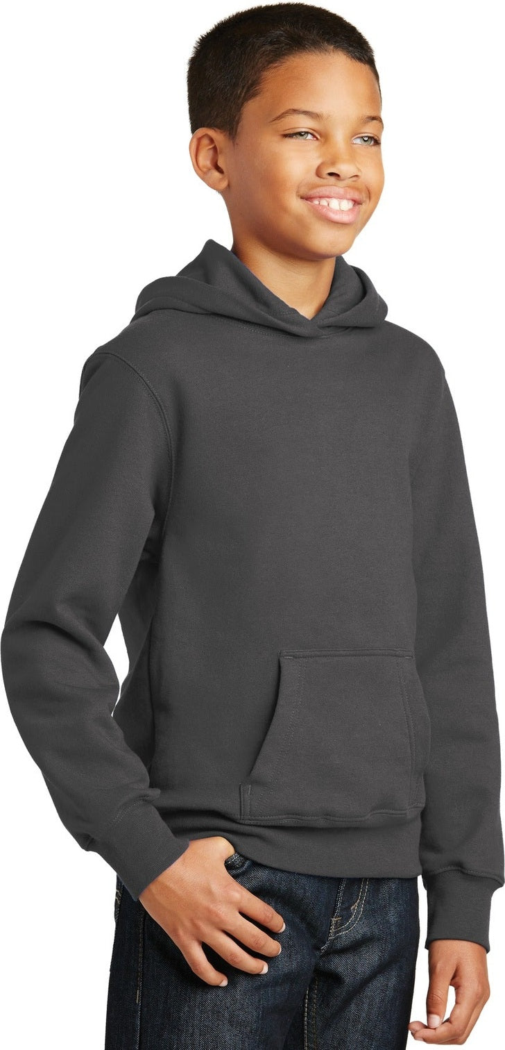Charcoal Port & Co Youth Fan Favorite Fleece Pullover Hooded Sweatshirt. PC850YH