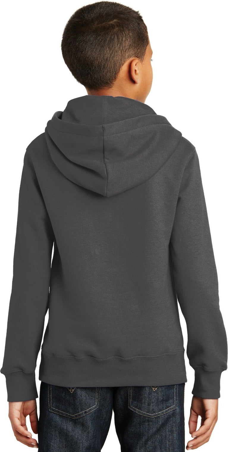 Charcoal Port & Co Youth Fan Favorite Fleece Pullover Hooded Sweatshirt. PC850YH