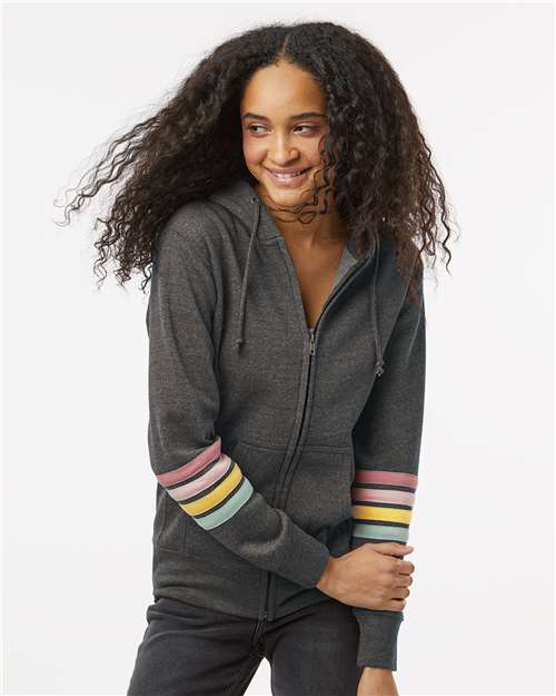 Charcoal Women's Striped Sleeves Full-Zip Hooded Sweatshirt - W22732