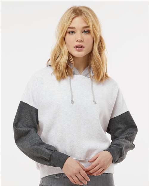 Charcoal Women&#39;s Sueded Fleece Colorblocked Crop Hooded Sweatshirt - W23716