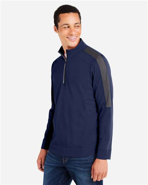 Left View of Classic Navy Heather/ Carbon Men's Market Snag Protect Mesh Colorblock Quarter-Zip Pullover - CE404