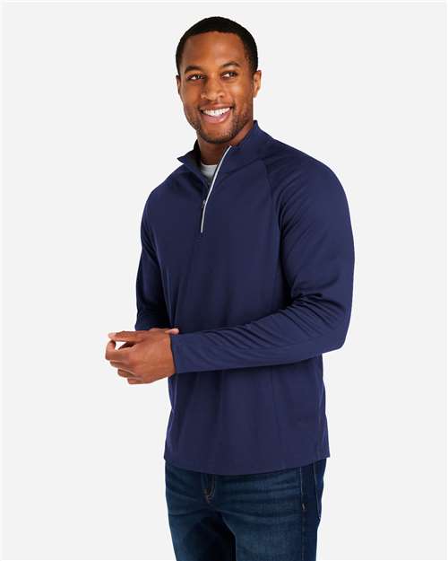 Left View of Classic Navy Heather/ Carbon Men's Origin Performance Pique Quarter-Zip Pullover - CE418