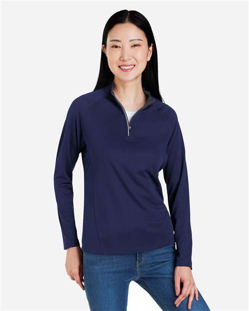 Left View of Classic Navy Heather/ Carbon Women's Origin Performance Pique Quarter-Zip Pullover - CE418W