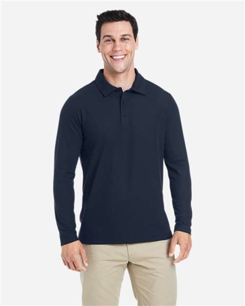 Left View of Classic Navy Men's Fusion ChromaSoft™ Long Sleeve Pique Polo - CE112L