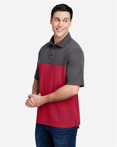 Left View of Classic Red/ Carbon Heather Men's Fusion ChromaSoft™ Colorblock Polo - CE112C
