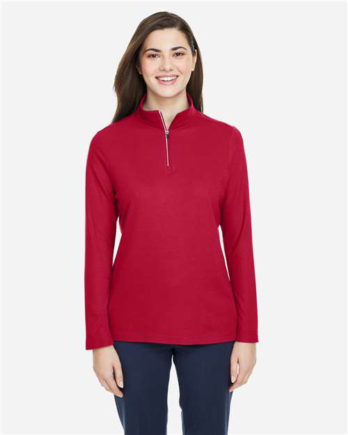 Left View of Classic Red Women's Fusion ChromaSoft™ Pique Quarter-Zip Pullover - CE405W
