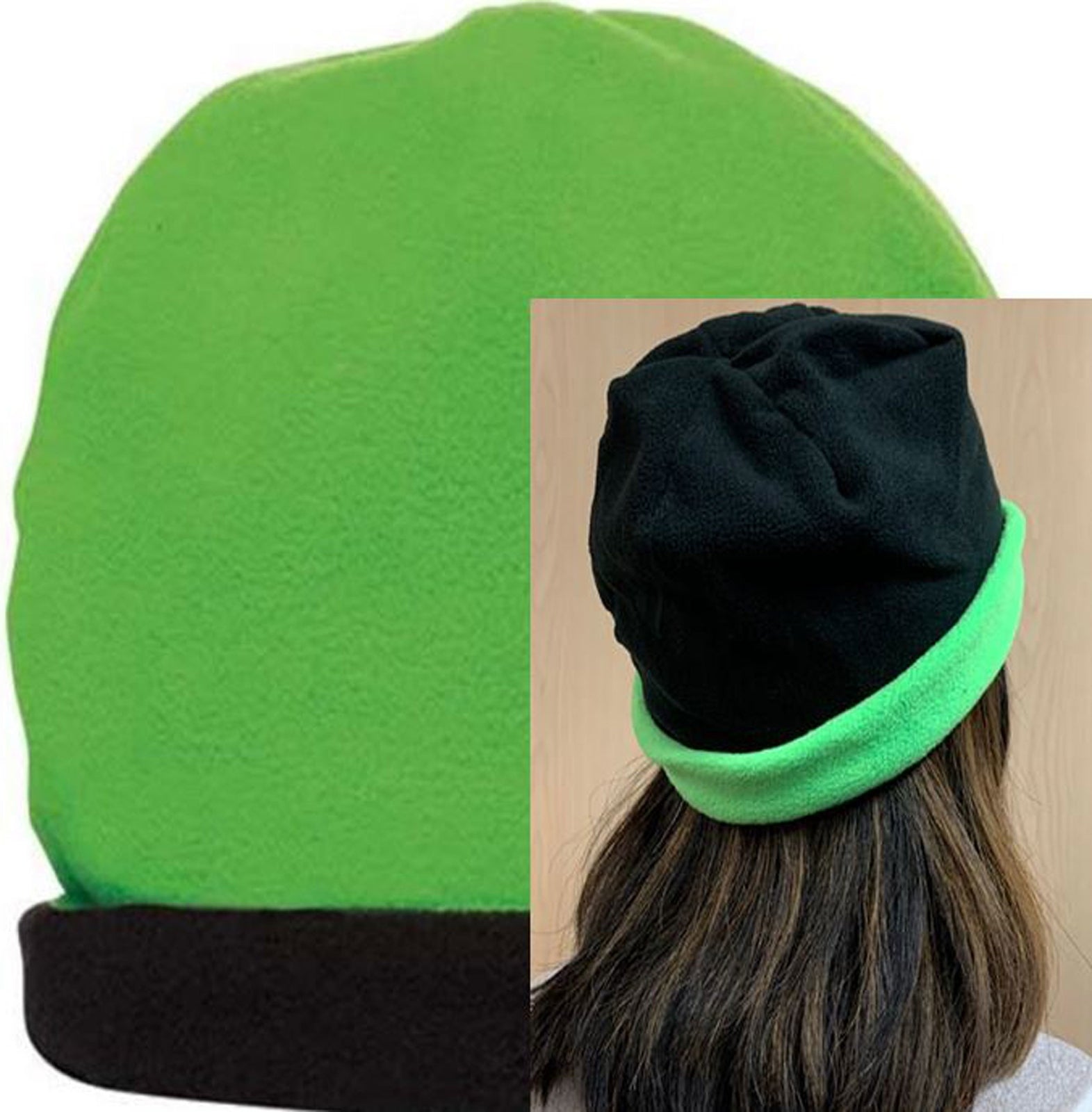 Cobra Cap Bean-r 9’’ Reversible Fleece Beanie - Black Neon Green