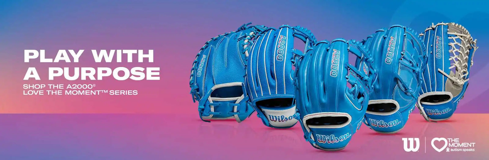 A collection of blue and gray baseball gloves.