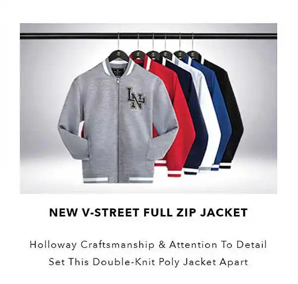 A collection of full-zip jackets in various colors, featuring ribbed collars, cuffs, and hemlines.