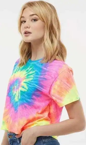 Colortone 1050 Women’s Tie Dyed Crop t Shirt Neon Rainbow
