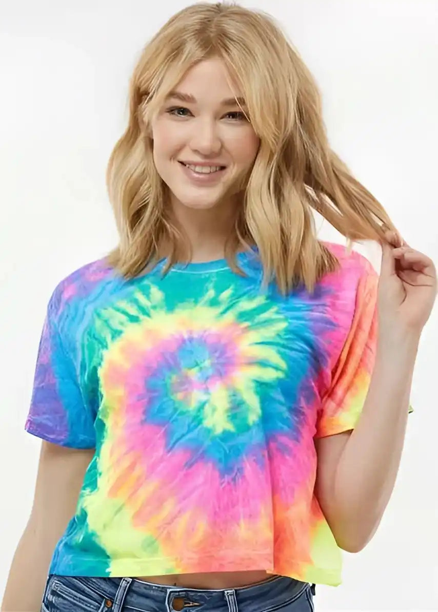 Colortone 1050 Women’s Tie Dyed Crop t Shirt Neon Rainbow