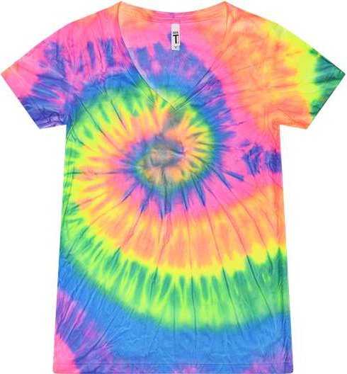 Colortone 1075 Women’s Tie-dyed V-neck T-shirt - Neon Rainbow