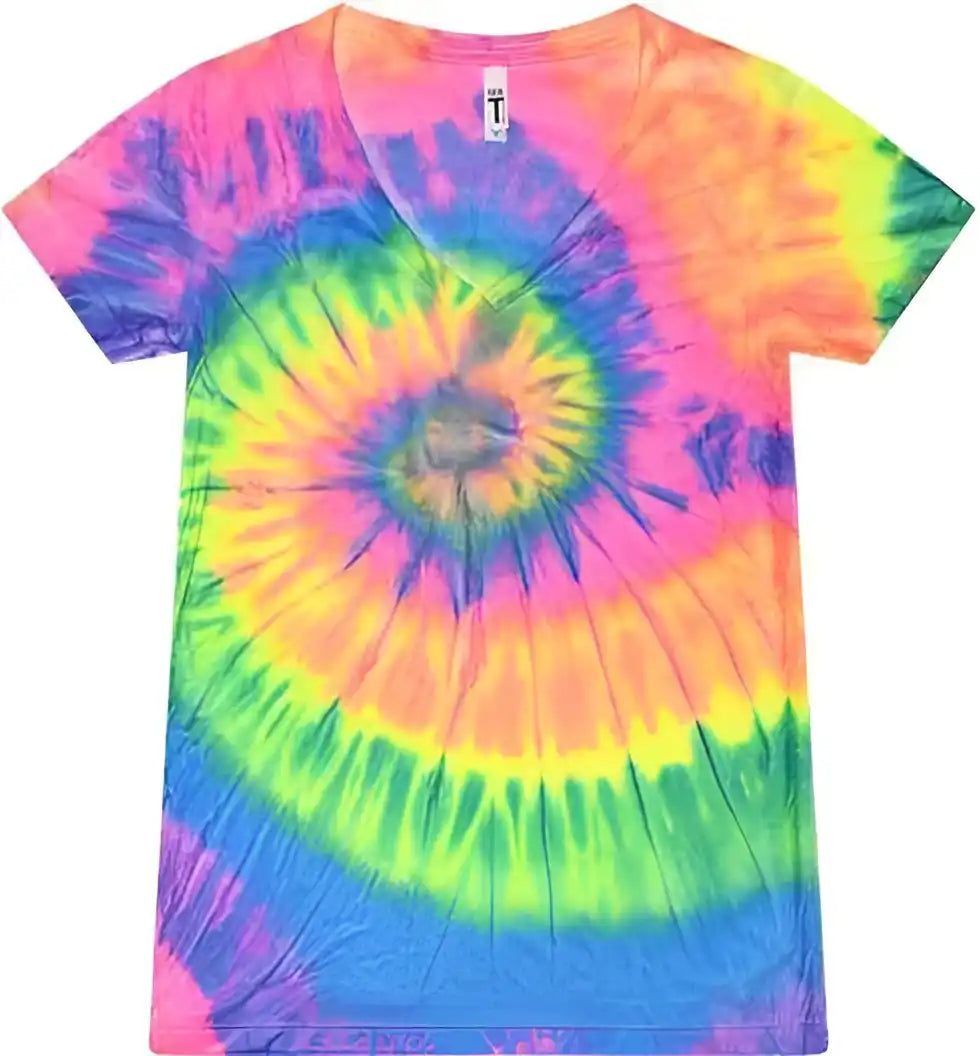 Colortone 1075 Women’s Tie Dyed v Neck t Shirt Neon Rainbow