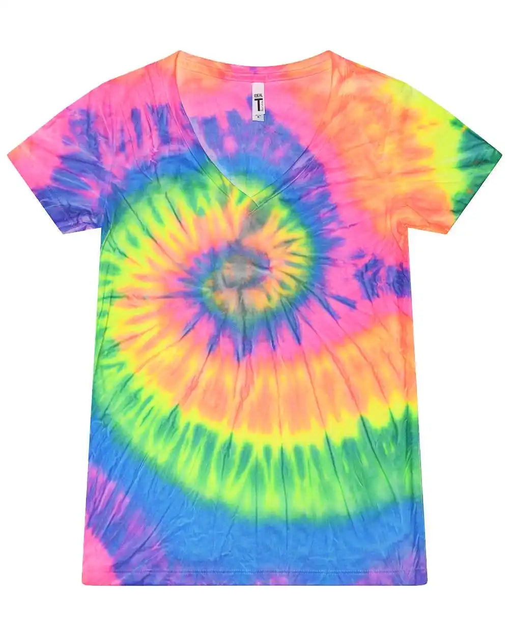 Colortone 1075c Women’s Tie-dyed V-neck T-shirt - 1075 - Neon Rainbow - Xs