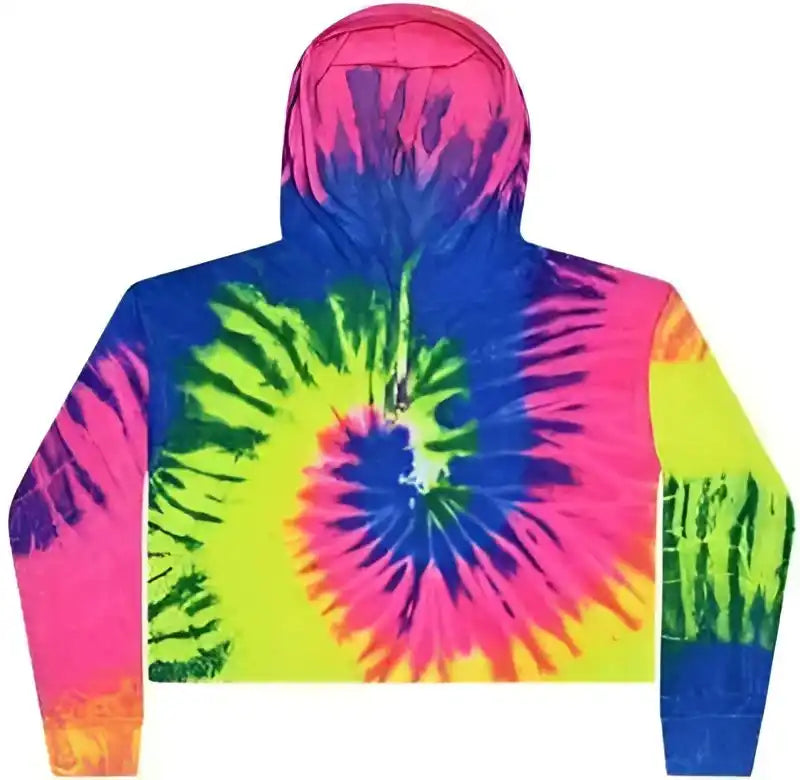 Colortone 8333 Women’s Tie Dyed Crop Hooded Sweatshirt Neon Rainbow