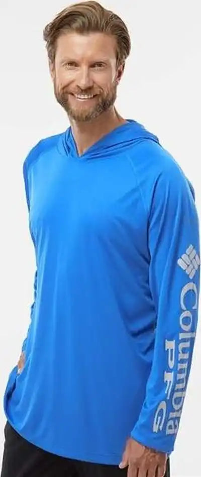 Columbia 212482 Pfg Terminal Tackle Hooded Long Sleeve t Shirt Vivid Blue Cool Gray