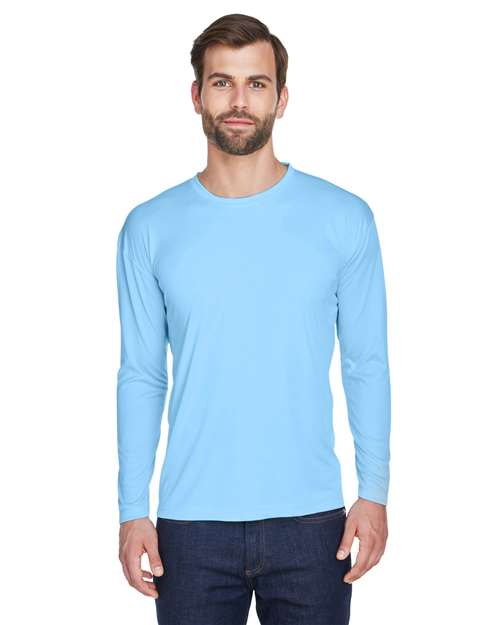 Front View of Columbia Blue Men's Cool & Dry Sport Long Sleeve Performance Interlock T-Shirt - 8422