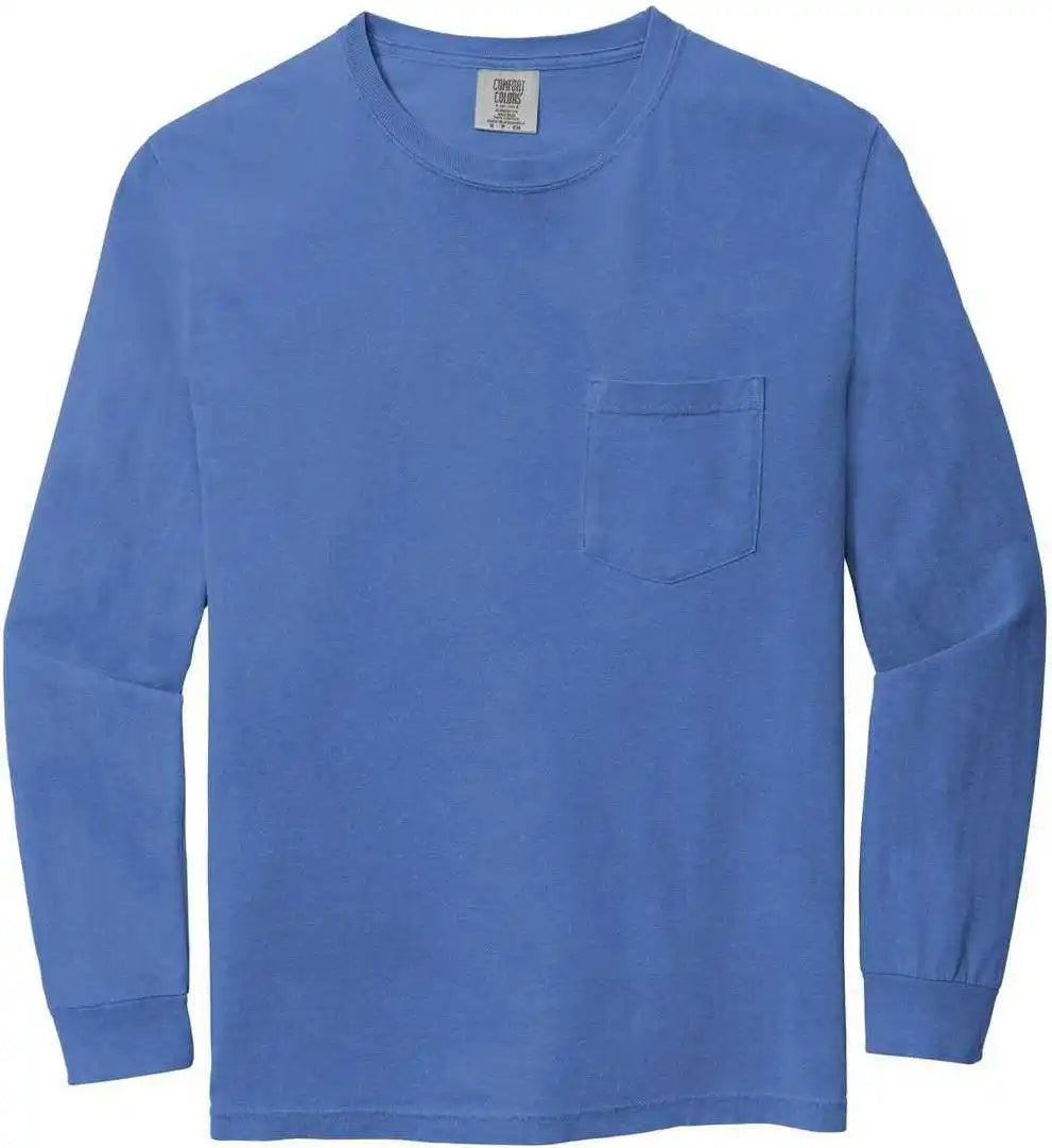 Comfort Colors 4410 Heavyweight Garment Dyed Long Sleeve Pocket Tee Flo Blue