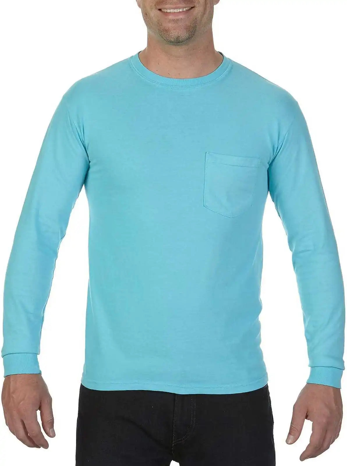 Comfort Colors 4410 Heavyweight Garment Dyed Long Sleeve Pocket Tee Lagoon Blue