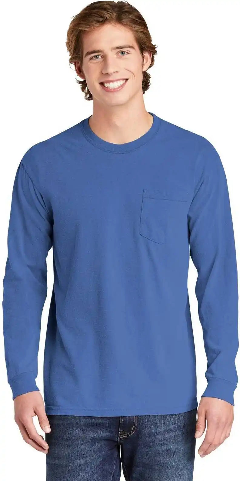 Comfort Colors 4410 Heavyweight Garment Dyed Long Sleeve Pocket Tee Flo Blue