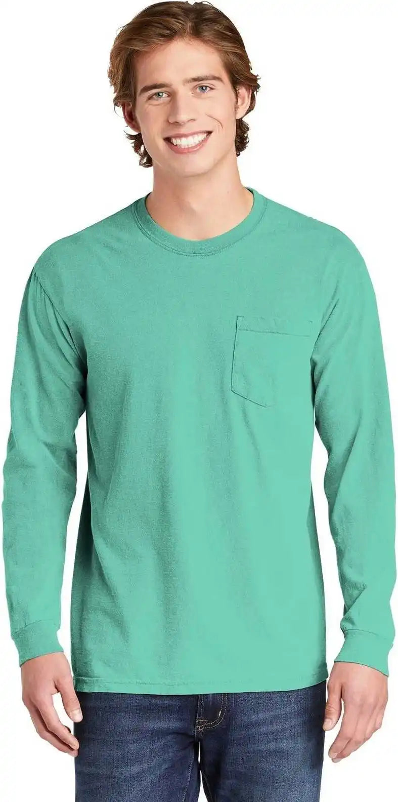 Comfort Colors 4410 Heavyweight Garment Dyed Long Sleeve Pocket Tee Chalky Mint