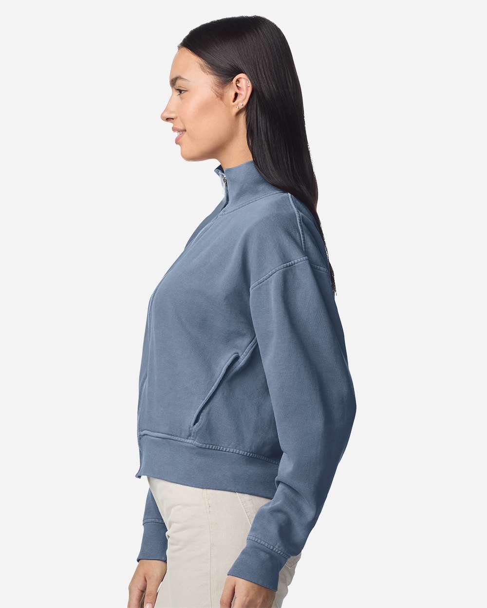 Side view of Blue Jean Comfort Colors 1570L Women's Garment-Dyed Full-Zip Jacket